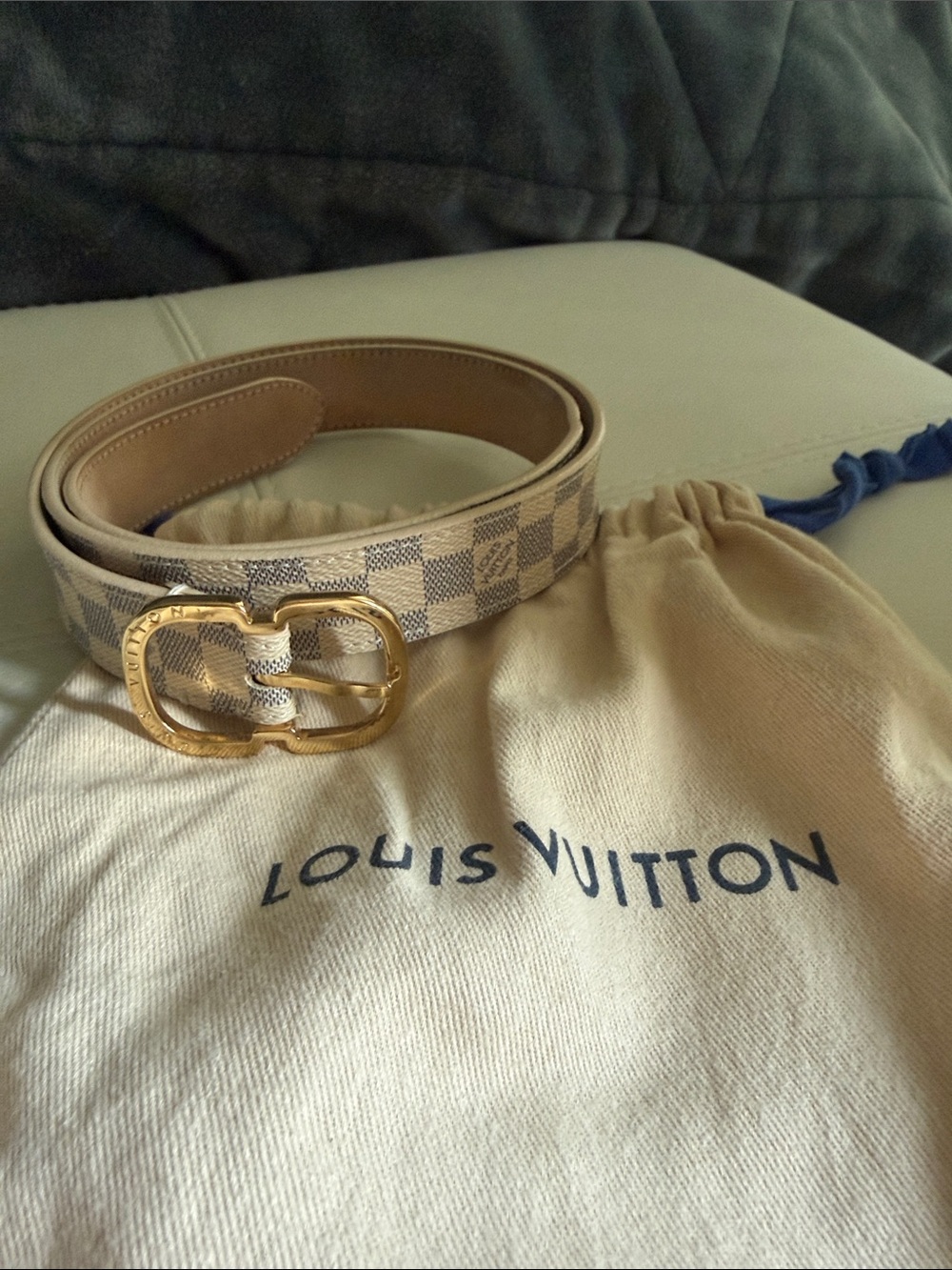 Louis Vuitton Damier Azur Canvas Belt with Gold Double-Loop Buckle and Dust Bag